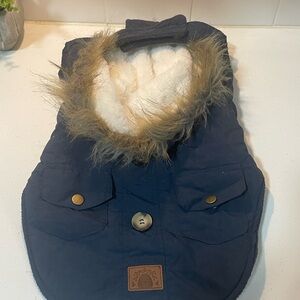 Bee and Willow Navy Parka Dog Coat with Faux Fur Trim Hood Adjustable
